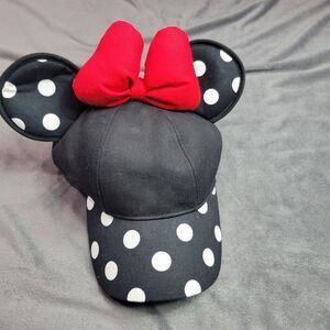Disney World Minnie Mouse Ears Hat With Bow Black & Red Polka Dot Adult Size Adj